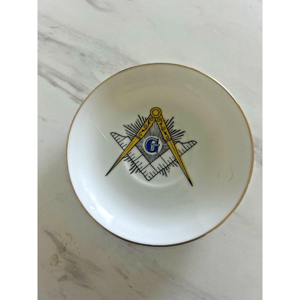 Vintage Masonic Freemason Symbol Round Trinket Dish Saucer Ceramic Unmarked A